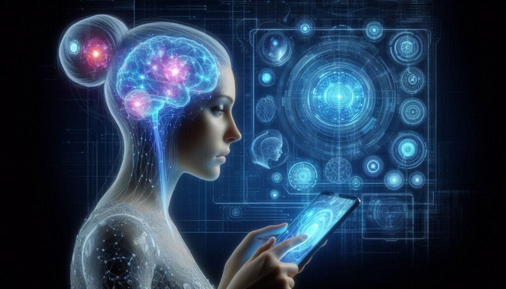 a woman holding a tablet with a brain in her hand