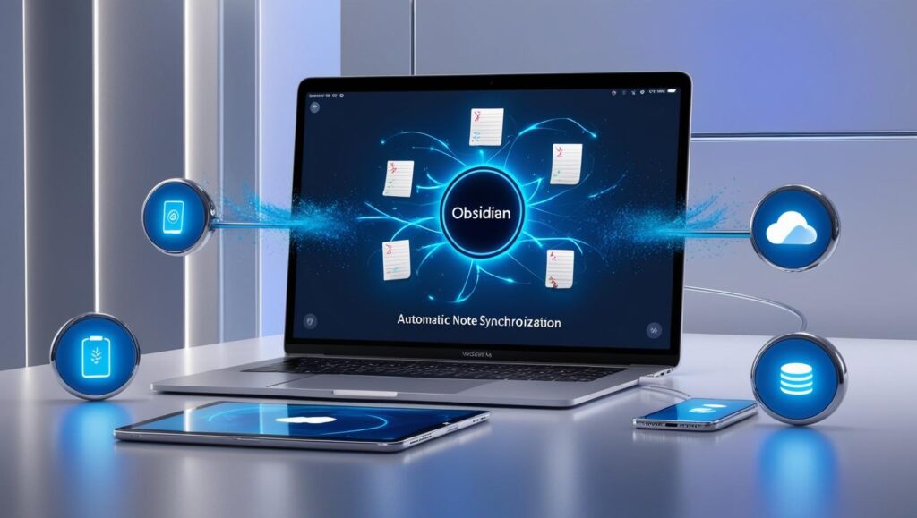 Sincronização automatizada de notas no Obsidian, conectando dispositivos e armazenamento na cloud para backup contínuo.