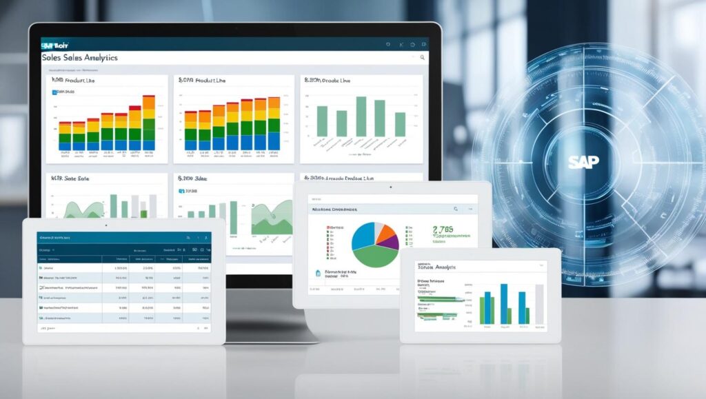 Painel de vendas interativo no SAP Fiori, com gráficos analíticos, KPI cards e tabelas dinâmicas para análise de desempenho.