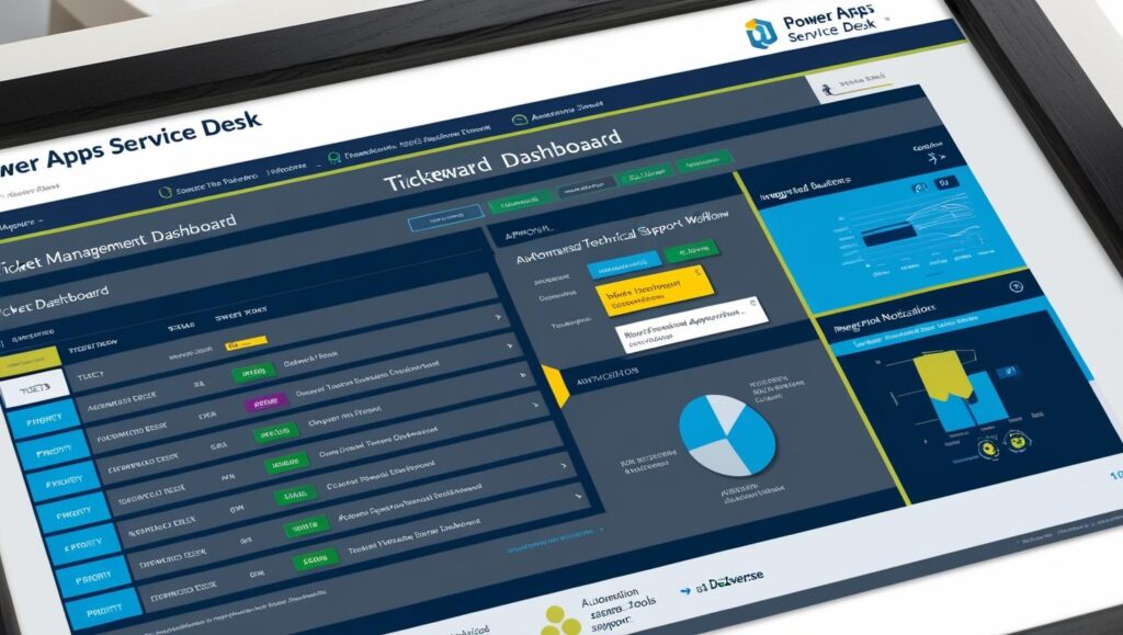 Painel de automação de Service Desk criado em Power Apps, com gestão de tickets, fluxos automatizados e dashboards interativos.